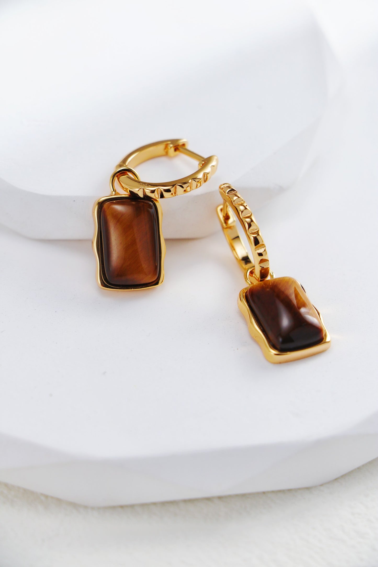 18k gold plate sterling silver hoops with square tiger eye dangle, the dangle part is removable and can mix-match to your own style