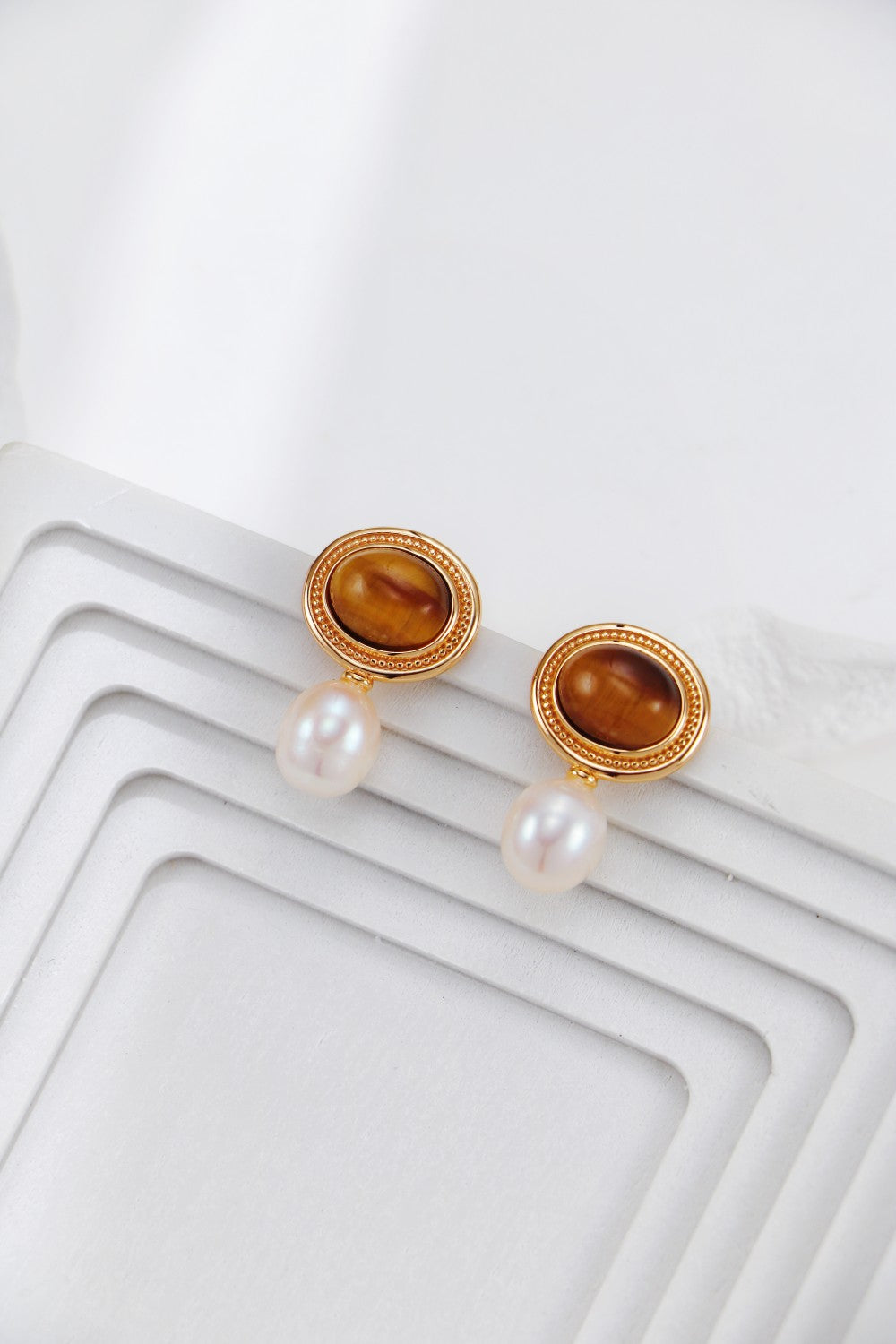 Caramel Tiger Eye Pearl Studs Earrings