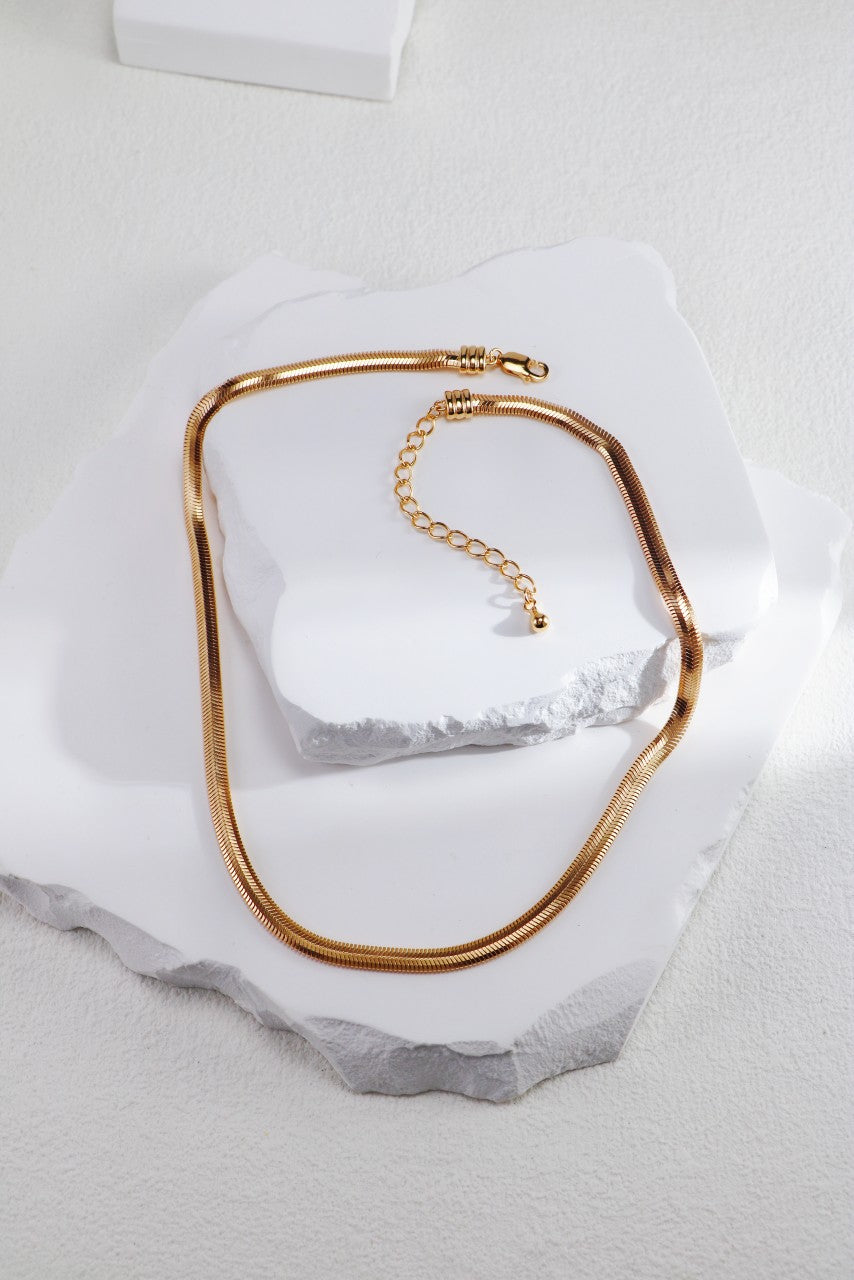 thin snake chain necklace, short size perfect for wear solo or layering. 18k gold plated sterling silver